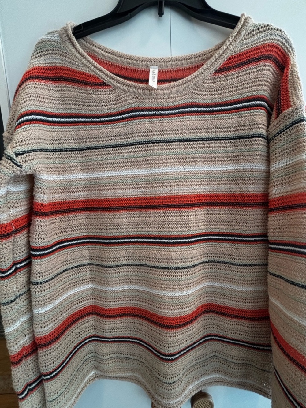 Striped Lightweight Crewneck Sweater in Tan with Coral Accent